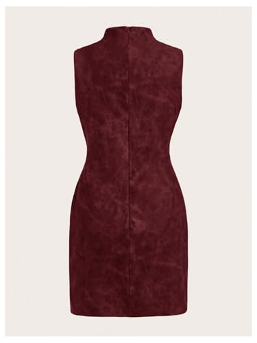Image of RoseSeek Women's PU Leather Ruched Bodycon Dresses Mock Neck Sleeveless Zipper Mini Tank Dress