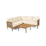 Christopher Knight Home Burchett Outdoor 5 Seater Sectional Sofa Chat Set with Cushions - Acacia Wood and Round Wicker - Teak/Mixed Brown/Beige