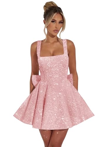 BOLENSYE Sequin Homecoming Dresses Short Sparkly Prom Dress with Bow A-Line Mini Cocktail Party Gown