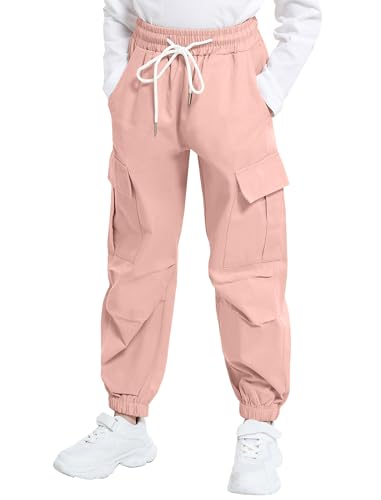 Image of JiAmy Girls Cargo Pants Elastic High Waist Drawstring Pants Jogger Trousers Casual Loose with Pockets 6-14Y