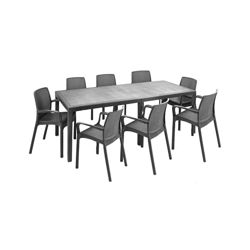 Dmora - Salon d'extérieur Manarola, Table rectangulaire Extensible avec 8 chaises et accoudoirs, fabriqué en Italie, Anthracite