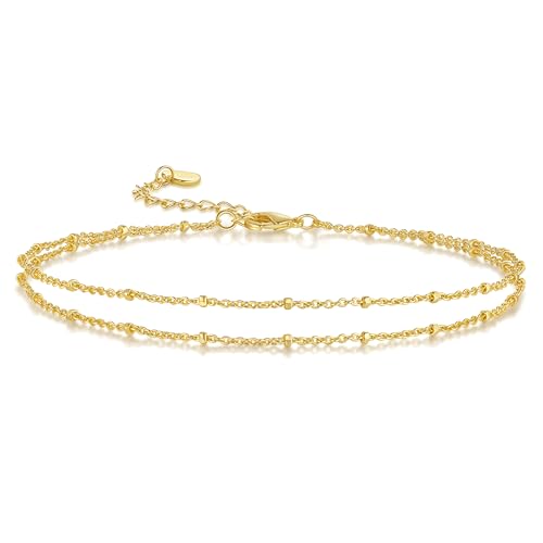 14K Gold Anklets for Women Gold Ankle Bracelets for Women Beaded Anklet for Womens Double-Layer Design for Elegance Beaded Anklet for Womens Ankle Bracelet