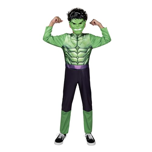 Marvel Hulk Official Youth Halloween Costume - Premium Quality Fabric Jumpsuit with Printed Design and Plastic Mask (Large) Green