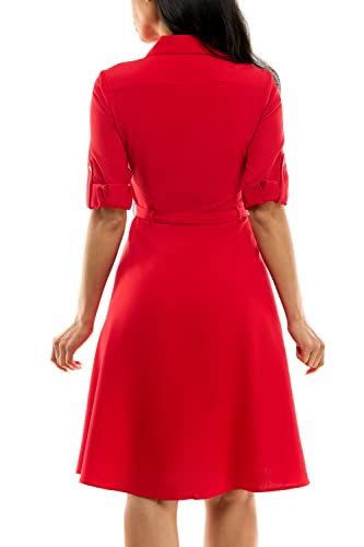 Image of Sharagano Women's Pleated Shirt Dress - 3 /4 Sleeve, V-Neck, Gold Buttons