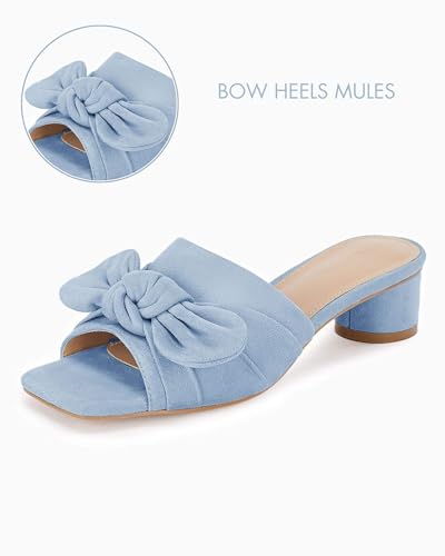 Image of Coutgo Womens Bow Slides Sandals Wide Width Slip On Chunky Low Heels Square Open toe Elagant Summer Shoes