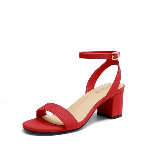 DREAM PAIRS Women's Open Toe Ankle Strap Low Block Chunky Heels Sandals Party Dress Pumps Shoes,Size 9.5,Red/Suede,CARNIVAL