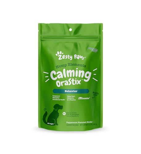 Zesty Paws OraStix for Dogs - Calming Dental Sticks for Stress with Hemp Melatonin Chamomile Dog Healthy Teeth and Gums Calm Composure for Fireworks and Thunderstorms - 12oz