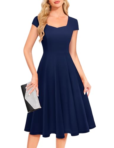 Berylove Vestido de cóctel para mujer, elegante, vintage, rockabilly, escote corazón, vestido de noche midi, azul marino, L