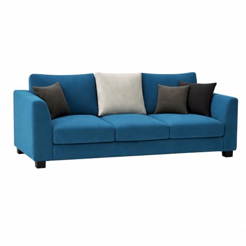 Image of SOCOZI Trevano 3+2 Seater Fabric Sofa Set with Ottoman | Soft Velvet Suede Upholstery | Modern Living Room Furniture (Aqua Blue-Light Grey)
