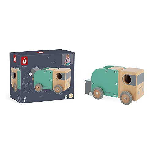 Image of Janod - Bolid Solid Wood Recycling Truck - Magnetic Bin Included - Silent Wheels - Imagination and Fine Motor Skills - Water-Based Paints - 2 Years + J04633, Green