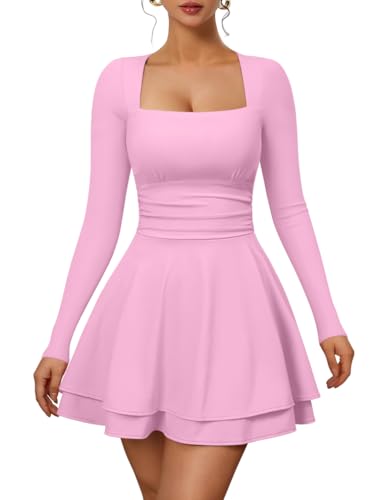 XXTAXN Womens Sexy Long Sleeve Square Neck Flowy Hem Ruched High Waist Party Mini Dress with Side Pocket
