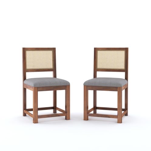 Image of Wooden 2 Chair for Living Room & Dining | Solid Wood Frame with Cane Backrest | Cushioned Seat | Modern Accent Chairs for Home & Office (Set of 2, Honey)