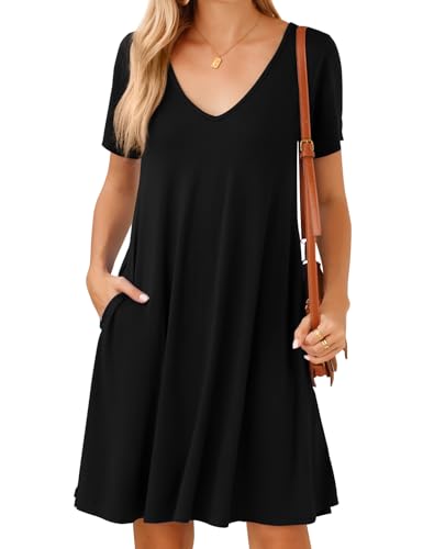 JollieLovin Women T Shirt Plus Size Summer Swing Dresses Short Sleeve V Neck Loose Casual Dress(L-5X)