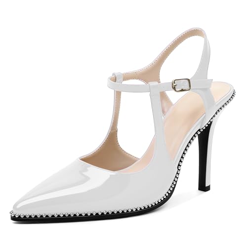 Image of SAMMITOP Womens High Heels Ankle Strap Pointed Toe Stilettos Patent Leather Beaded Pumps Dress Shoes 3.5 Inch