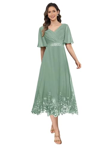 Tea Length Mother of The Bride Dresses for Women Chiffon Lace Applique Formal Evening Dress for Wedding