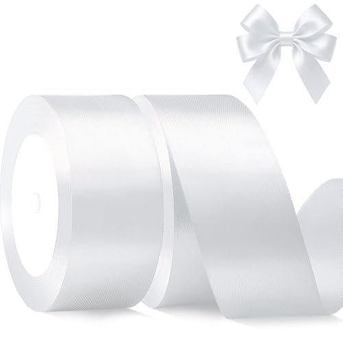 White Satin Ribbon 1-1/2 Inch x 2 Rolls White Wide Satin Fabric Ribbon for Gift Packaging Christmas Wedding Flower Bouquet Holiday Party Invitation Total 50 Yards
