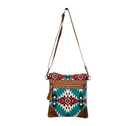 Myra Bag Crossbody Mini Purses - Tribe of the Sun Upcycled Woven Rug Design with Leather Accents, Zippered Pockets, Cellphone Crossbody Purse4