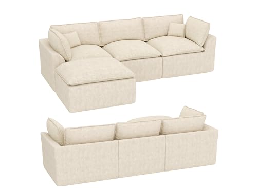 Image of 108 inch Corduroy Modular Sectional Sofa with Ottoman, Boneless Cloud Couch for Living Room, Convertible L-Shape Extra Deep Seat Floor Sofa, Beige