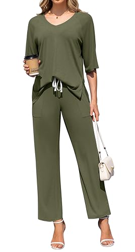 Image of difficort 2 Piece Lounge Sets for Women Summer Outfits Vacation Loungewear | Knit Raglan Short Sleeve Wide Leg pant with Pockets