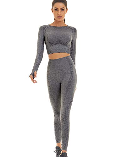 Toplook Women Seamless Workout Outfits Athletic Set Leggings + Long Sleeve Top (Dark Gray, Small)
