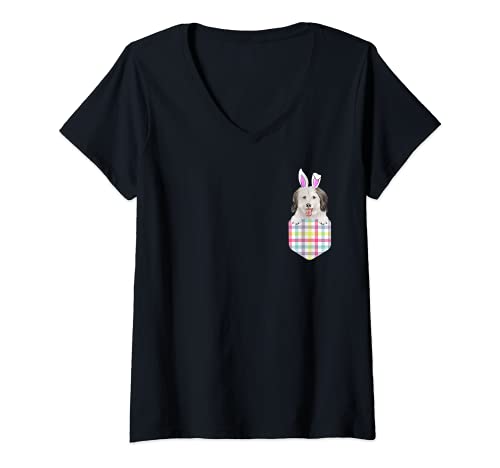 Womens Easter Plaid Coton de Tulear Bunny Dog In Pocket V-Neck T-Shirt, Black