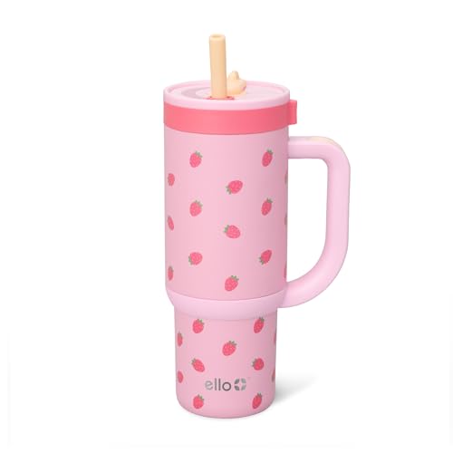 Ello Oasis 18oz Stainless Steel Kids Tumbler with Handle & Retracting Straw, 100% Leakproof, Double-Wall Vacuum Insulated, Kids Water Bottle for School, BPA Free + Dishwasher Safe, Strawberries
