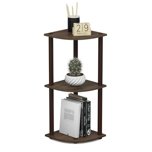 Image of Furinno Turn-N-Tube Toolless Assembly 3-Tier Storage Shelves, Walnut | Black Corner Shelf, Open Storage Book Shelf, for Organization and Storage, Living Room, Home Office, Bedroom