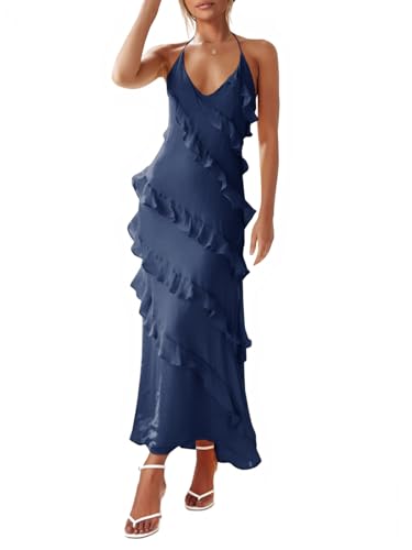 Wenrine Womens Sexy Chiffon Halter Maxi Dress Sleeveless Backless Ruffle Tassel Party Club Dresses Navy