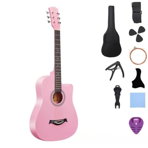 Ghbunuz アコースティックギター 初心者 10点セット 学生 大人用 初級 アコギ セット 38インチ 入門練習 学生、子供、大人向けの初学者練習用、用ギターセット、アコースティック、弦、チューナー (ピンク)