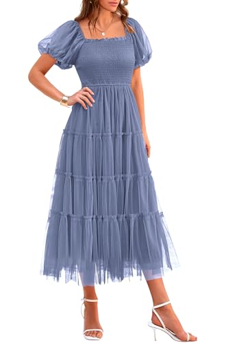 PRETTYGARDEN Women's Smocked Midi Tulle Dress 2025 Summer Puffy Short Sleeve Square Neck Ruffle Wedding Guest Party Dresses (Grey Blue,Large)