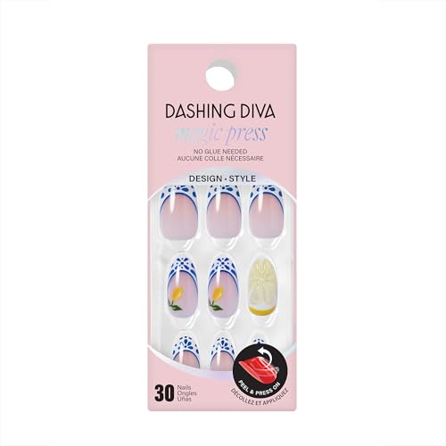 Dashing Diva Magic Press Nail Set - Santorini Spritz - Medium Almond Press On Nails - Long Lasting Gel - Lasts Up to 10 Days - Summer Gel Set - 4-Piece Manicure Kit with 30 Nails