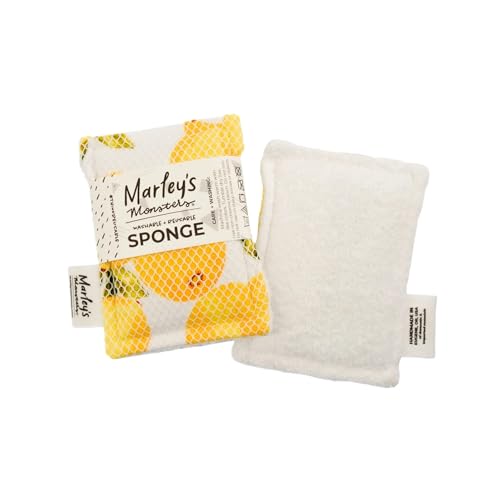 Marley's Monsters Washable Sponge – Reusable Eco-Friendly Scrubber – Dual-Sided for Gentle Cleaning or Heavy Duty Scrubbing – 4" x 5.5" Handmade in USA(Surprise Prints/White Back)