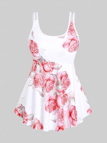 Rosegal Women Plus Size Modest Tankini Swimsuit Rose Print Boyleg Swimwear Padded Boyshorts Bathing2