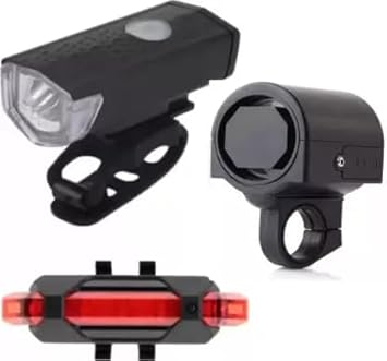 SPOKEFOX Bicycle LED USB Rechargeable Head Light Tail Back Light with Horn and LED Front Rear Light Combo (Multicolor)