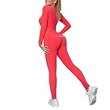 Women's Long One Piece Pajamas with Drop Seat Butt Flap Sexy V Neck Jumpsuit Romper Bodycon Bodysuit Sleepwear (B-Red, L)