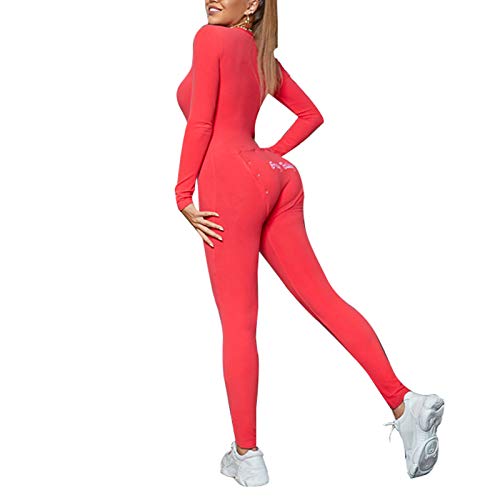 Women's Long One Piece Pajamas with Drop Seat Butt Flap Sexy V Neck Jumpsuit Romper Bodycon Bodysuit Sleepwear (B-Red, XL)