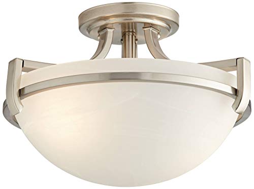 Regency Hill Mallot Vintage Traditional Glam Ceiling Light Semi Flush Mount Fixture Brushed Nickel Metal 13" Wide Marbleized Glass Bowl Shade For Bedroom Kitchen Living Room Hallway Bathroom #TOP1