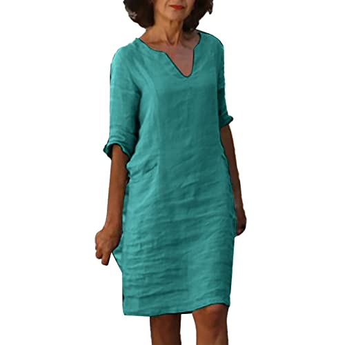 DGZTWLL Vestidos de verano para mujer 2024 de algodón y lino, manga corta, para vacaciones, semicasual, cuello en V, casual, Verde, Large