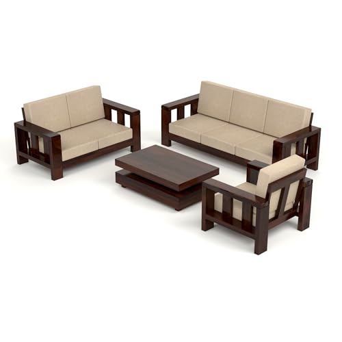 Image of Wooden Sofa Set 6 Seater for Living Room - Solid Sheesham Wood Sofa 6 Seater (3+2+1) with Comfortable Cushion Seating | 6 Seater Sofa Wooden (Walnut, Haney 6 Seater 3+2+1)