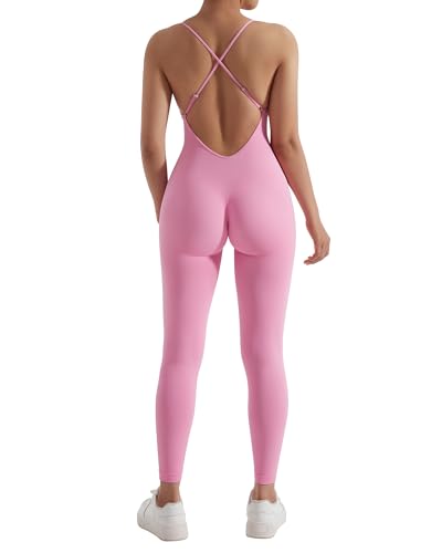 MOOSLOVER Women Strappy Backless One Piece Jumpsuits Tummy Control Padded Workout Rompers(XL,#1 Light Pink)