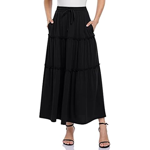 Skirt Women Maxi Long Solid Color A Line Ruffle Flowy Tiered Flared Skirts with Pockets Black Cover