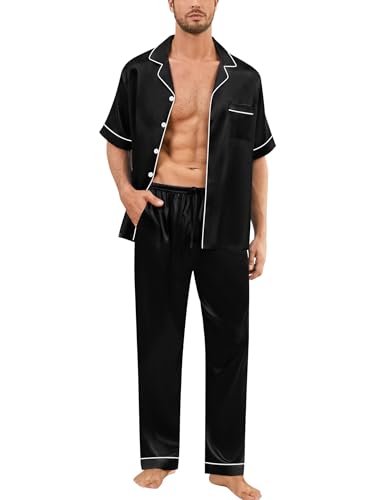 Image of SWOMOG Mens Silk Pajamas Set Satin Pj Set Short Sleeve Sleepwear Button Down Lounge Set with Drawstring & Pockets S-3XL