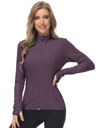 Dolcevida Women's Zip Up Running Jacket - Lightweight 4-Way Stretch Full Zip Workout Jacket with Thumb Holes & Pockets, Purple, L