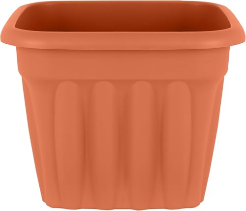 Image of 40cm Traditional Ribbed Square Terracotta Planter – Large Lightweight Plastic Plant Pot with Drainage Holes, Weather Resistant Decorative Garden Flower Pot for Indoor Outdoor Patio & Balcony Use
