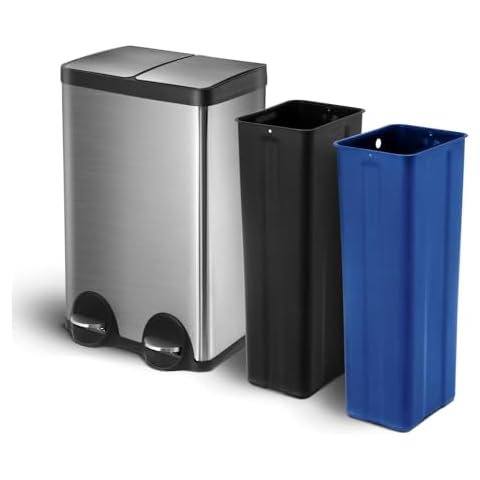 Home Zone Living 15.8 Gallon Kitchen Trash Can, Dual Removable Liners for Recycling and Trash, Wide Stainless Steel Shape (7.9 + 7.9 for 15.8 Gallon Total) Cover
