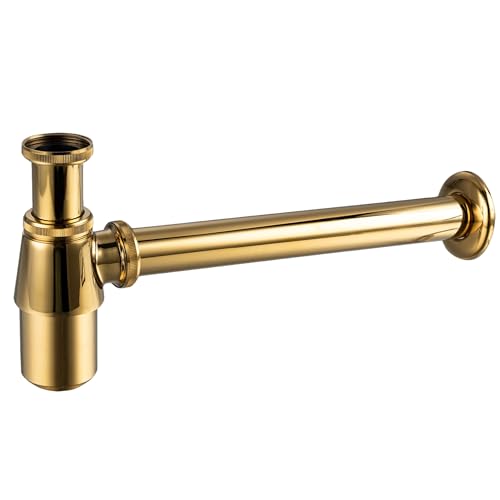 Aquauno - Siphon de lavabo rond en laiton doré G1 1/4 - Bonde universelle pour salle de bain - Siphon anti-odeurs - Hauteur réglable - Résistant à la...