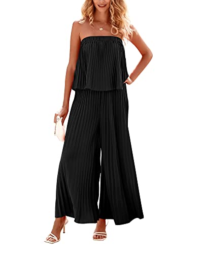 Btfbm Women 2023 Off Shoulder Summer Rompers Strapless Pleated Wide Leg Palazzo Pants Jumpsuit Fashion One Piece Outfits(Solid Black, Medium) #TOP23