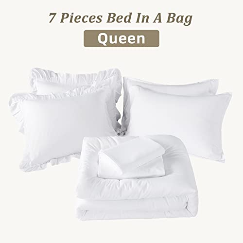 Andency White Queen Comforter Set, 7 Pieces Comforter Set Bed In A Bag, Lightweight And Fluffy Comforter Bed Sets, Solid Soft Microfiber Bedding Sets With Comforters, Sheets, Pillowcases & Shams #TOP2