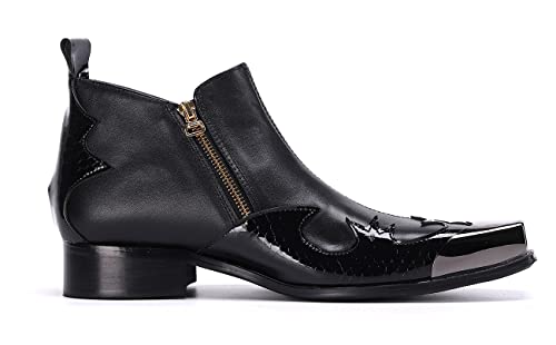 Santimon Mens Chelsea Boots Black Leather Casual Square Toe Metal Tip Zipper Shoes4