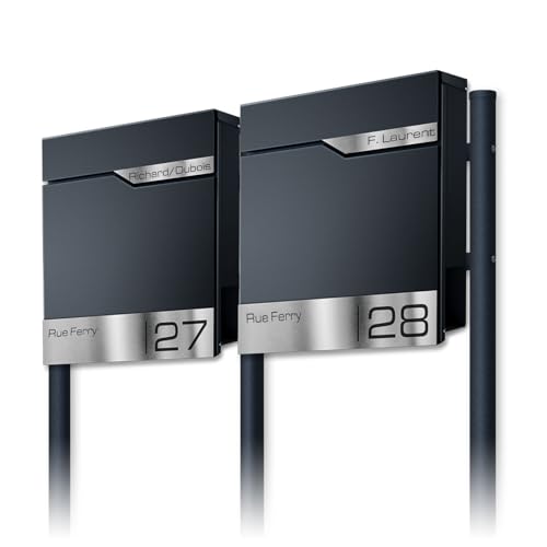 Metzler® Standbriefkasten Doppelbox mit integriertem Zeitungsfach und Edelstahl-Namensschild RAL 7016 anthrazit matt für 2-Familienhaus lesbar aus der Ferne freistehend Modell Siebert